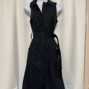 Zara Navy Blue Size XS Sleeveless Belted Midi Dress Front Pockest 100% Cotton